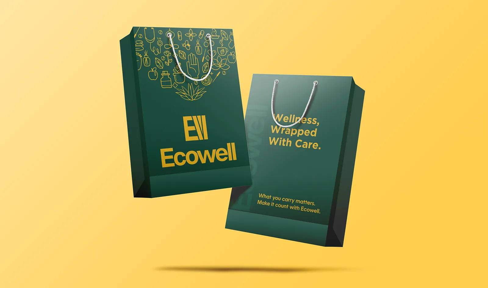 Two Green Ecowell Shopping Bags on Yellow Background